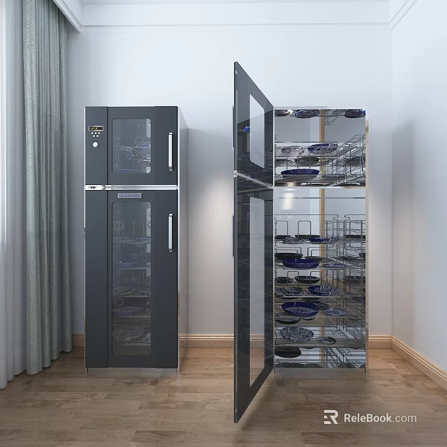 Modern Kitchen Appliance Storage Cabinet with Open Closed Door and Shelves Holding Dishes 3d model 