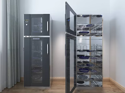 Modern Kitchen Appliance Storage Cabinet with Open Closed Door and Shelves Holding Dishes 3d model