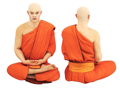 Man Wearing Orange Robe Sitting Cross Legged Front And Back With Hands In Prayer 3d model