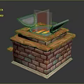 Colorful Brick Furnace Structure With Open Metal Lid Revealing Internal Flame And Molten Liquid