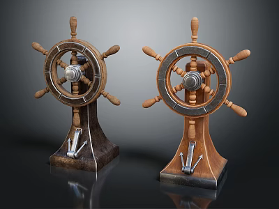 Two Decorative Wooden Ship Steering Wheels With Metal Accents On Pedestal Bases 3d model