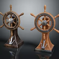 Two Decorative Wooden Ship Steering Wheels With Metal Accents On Pedestal Bases