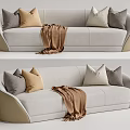 Modern Style Light Beige Sectional Sofa With Various Colored Throw Pillows And Brown Blanket 3d model