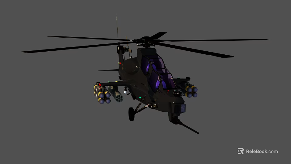 Armed Military Helicopter With Black Body Rotor Blades Weapon Pods And Cockpit Windows 3d model 