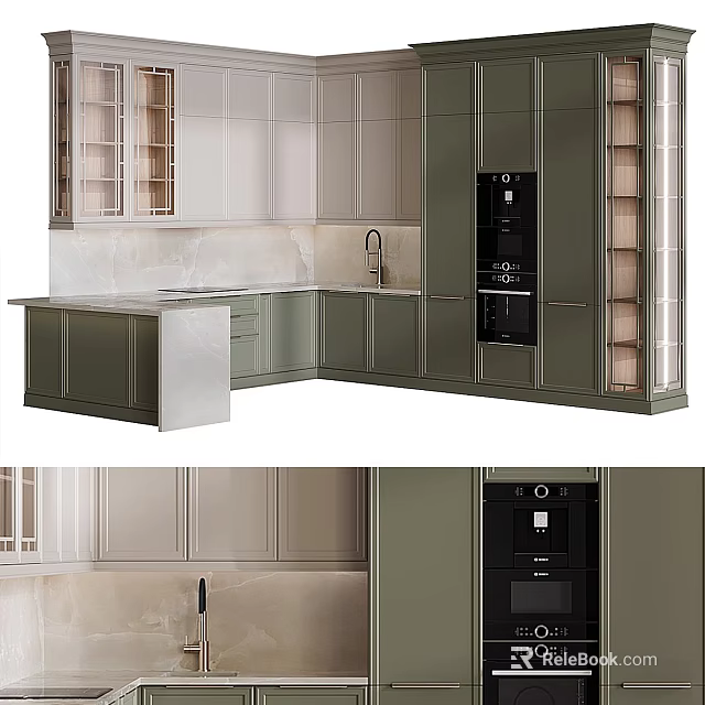 Modern Kitchen Interior With Green Cabinets Marble Countertop And Appliances 3d model 