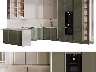 Modern Kitchen Interior With Green Cabinets Marble Countertop And Appliances 3d model