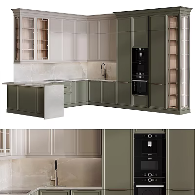 Modern Kitchen Interior With Green Cabinets Marble Countertop And Appliances 3d model