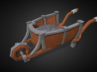 3D Model of Vintage Wooden Cart With Metal Frame and Gray Seat Structure 3d model