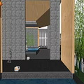 Modern Sales Office Building With Wooden Structure White Facade And Water Feature Entrance