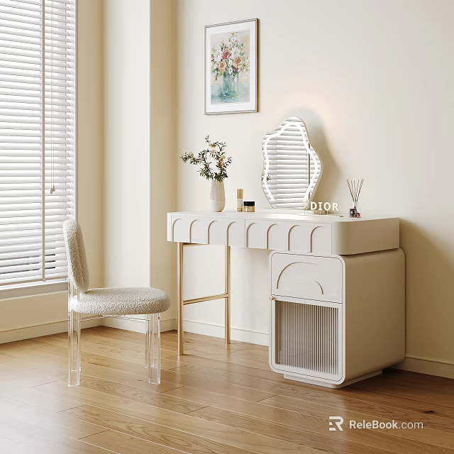 Elegant Modern Dressing Table with Decorative Mirror Dior Cosmetics and Faux Fur Chair 3d model 