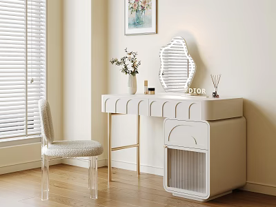 Elegant Modern Dressing Table with Decorative Mirror Dior Cosmetics and Faux Fur Chair 3d model