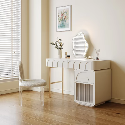 Elegant Modern Dressing Table with Decorative Mirror Dior Cosmetics and Faux Fur Chair 3d model