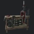 Wooden Workbench With Red Tool Metal Clamp Cutting Board Underneath Barrels And Pan