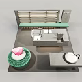 Modern Exhibition Display Shelves With Concrete Counter And Green Bench