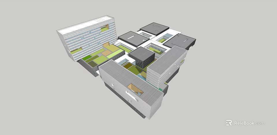 Modern Office Building Complex Featuring Central Courtyard And Green Spaces Design 3d model