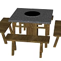 Square Stone Top Dining Table With Built-in Round Recess And Wooden Benches