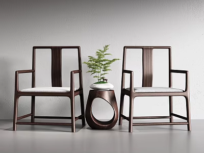 Modern Dark Wood Armchairs With Light Seats And Round Table With Green Plant 3d model