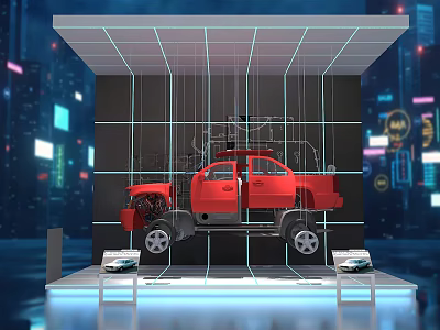 Red Truck Suspended On Display Platform With Grid Lines And City Night Background And Screens 3d model