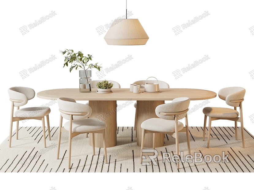 Cream style dining table and chair Nordic style solid wood dining table carpet green plant chandelier model