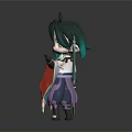 Chibi Character With Green Hair Yellow Eyes Patterned Outfit Holding Weapon On Dark Background