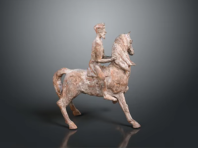 Detailed Ancient Clay Sculpture of Man Riding Horse in Traditional Attire 3d model