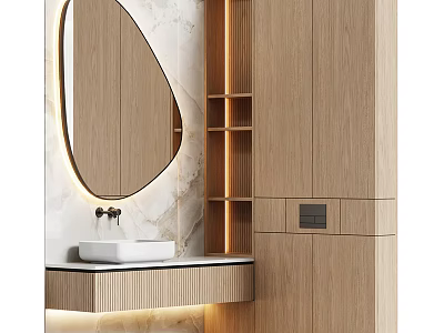 Modern Bathroom Vanity With Wooden Cabinets Marble Wall Oval Mirror And LED Lighting 3d model