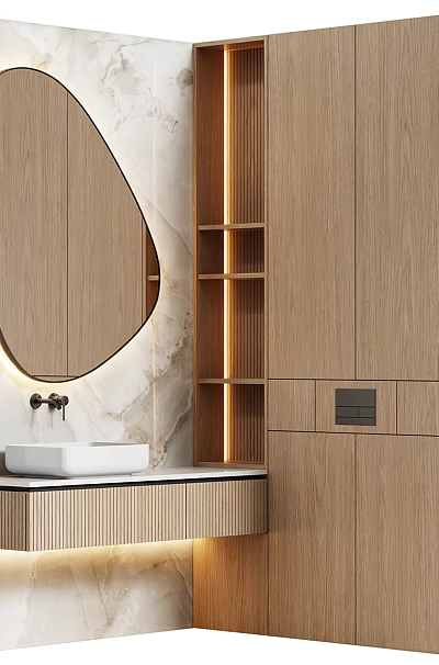 Modern Bathroom Vanity With Wooden Cabinets Marble Wall Oval Mirror And LED Lighting 3d model