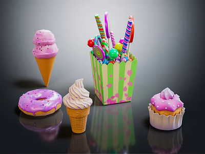Colorful Assorted Desserts Display With Pink Donut Ice Cream Cones Lollipops and Cupcake 3d model