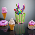 Colorful Assorted Desserts Display With Pink Donut Ice Cream Cones Lollipops and Cupcake