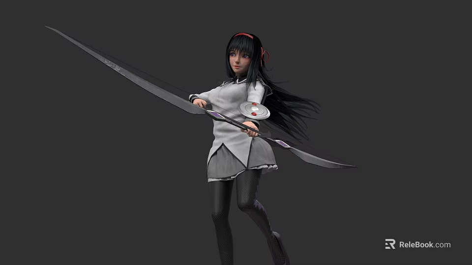 Game and Movie Female Character With Black Hair Red Accessory Wearing Gray Outfit Holding Longbow 3d model 