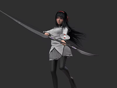 Game and Movie Female Character With Black Hair Red Accessory Wearing Gray Outfit Holding Longbow 3d model