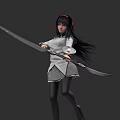 Game and Movie Female Character With Black Hair Red Accessory Wearing Gray Outfit Holding Longbow
