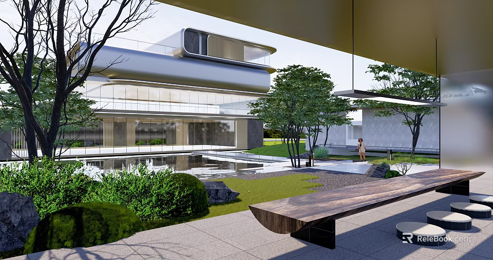 Modern Outdoor Pergola Design With Lush Greenery Water Feature And Wooden Bench In Garden 3d model 