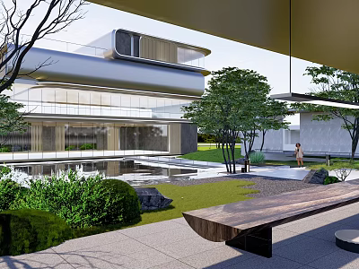 Modern Outdoor Pergola Design With Lush Greenery Water Feature And Wooden Bench In Garden 3d model