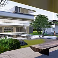 Modern Outdoor Pergola Design With Lush Greenery Water Feature And Wooden Bench In Garden