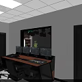 Contemporary Workspace With Long Desk Multiple Monitors Black Chairs White Walls And Glass Partition