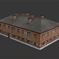Old Style Red Brick Building With Gray Roof Multiple Chimneys And Aligned Windows