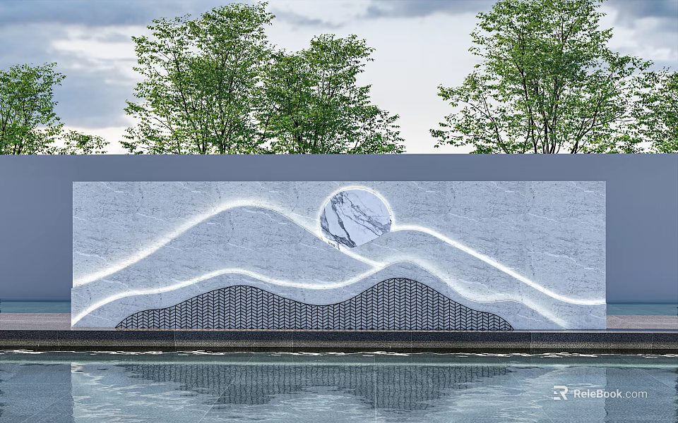 White Marble Feature Wall With Curved Wave Patterns Circular Moon Design Lighting And Tree Reflections 3d model