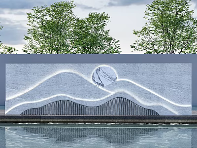 White Marble Feature Wall With Curved Wave Patterns Circular Moon Design Lighting And Tree Reflections 3d model