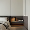 Modern Minimalist Bedroom Interior With Cozy Bed Gray Tones Open Wardrobe And Desk