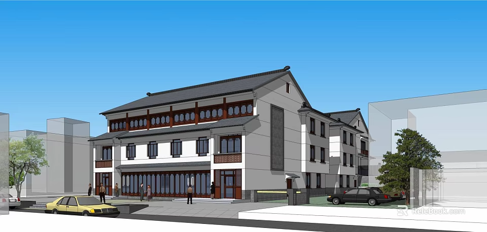 Traditional Modern Building Exterior With White Walls Black Roof Windows And Entrance People 3d model 