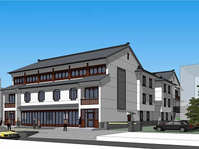 Traditional Modern Building Exterior With White Walls Black Roof Windows And Entrance People 3d model