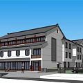 Traditional Modern Building Exterior With White Walls Black Roof Windows And Entrance People