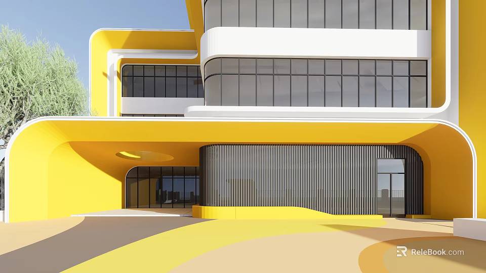 Modern School Building With Yellow White Facade Large Glass Windows Curved Structure And Entrance Design 3d model 