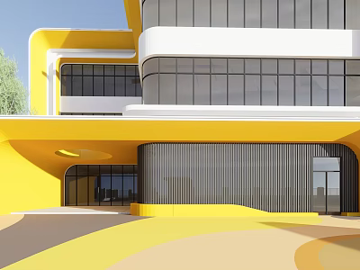Modern School Building With Yellow White Facade Large Glass Windows Curved Structure And Entrance Design 3d model