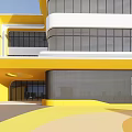 Modern School Building With Yellow White Facade Large Glass Windows Curved Structure And Entrance Design