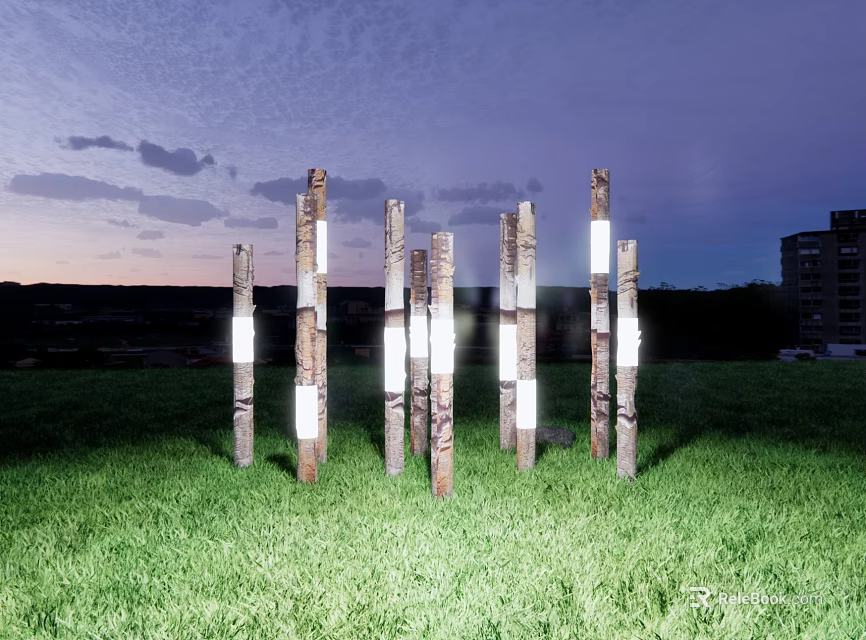 Outdoor Pillar Lights With Natural Wood Design Illuminating Green Lawn At Dusk 3d model 