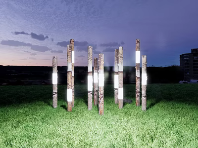 Outdoor Pillar Lights With Natural Wood Design Illuminating Green Lawn At Dusk 3d model