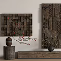 Decorative Wooden Wall Hangings with Square Block Design Red Berries Intricate Carvings and Vases