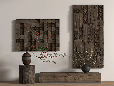 Decorative Wooden Wall Hangings with Square Block Design Red Berries Intricate Carvings and Vases 3d model